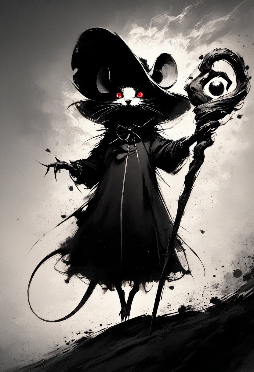 score_9, score_8_up, score_8, (solo), (fluffy:0.8), (feral), outdoors, furry, (((mouse))), female, glowing red eyes, grey fur, black ears, claws, (fluffy cheeks:0.4), witch hat, (black dress), (magical staff), (cute:0.3), in the style of beatrix potter, cel-shading, monochromemuse, monochrome, greyscale, ink splatter, sky, backlit, dark aura, arkane_dark. dramatic angle