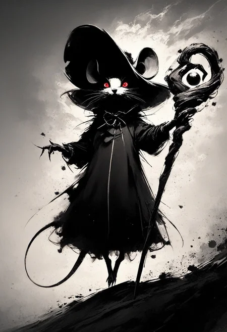 score_9, score_8_up, score_8, (solo), (fluffy:0.8), (feral), outdoors, furry, (((mouse))), female, glowing red eyes, grey fur, black ears, claws, (fluffy cheeks:0.4), witch hat, (black dress), (magical staff), (cute:0.3), in the style of beatrix potter, cel-shading, monochromemuse, monochrome, greyscale, ink splatter, sky, backlit, dark aura, arkane_dark. dramatic angle