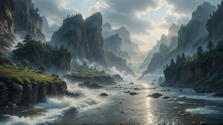 Wide-angle,cinematic,vast landscapes,dramatic perspectives,depth and foreground-background contrast,epic scale,expansive vistas,panoramic views,sweeping horizons,immersive environment,intricate details,dynamic lighting,majestic scenery,grandiose settings,monumental structures,impressive scope,breathtaking vistas,detailed textures,dramatic skies,vivid colors,large-scale composition.,
Low-Angle View,Worm's-Eye View,Gigantism,
Vast expanse of flowing river,
(((The water flows turbulently like an earth-shaking upheaval, with waves rolling high like mountains))),
Grand and boundless,vast and misty,Turbulent waters flow like an earth-shaking upheaval,waves rising like towering mountain peaks,
<lora:MJ52:0.6>,<lora:sss:0.4>,<lora:MO-80-2:0.2>,<lora:20230829-1693273691112:0.6>,<lora:Pony PDXL æ£åµå
¥ é«åè´¨V2:0.4>,
