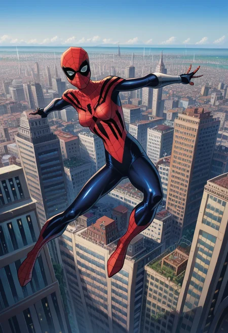 score_8, score_8_up, score_7_up, 1girl, female focus, solo, source_cartoon, spectacular spider-man, Mayday_MC2, SGMC2, mask, bodysuit, print body suit, spider web print, bracers, gloves, superhero, looking at viewer, full body, midair, Spider Web, silk, \M/, city, cityscape, outdoors,