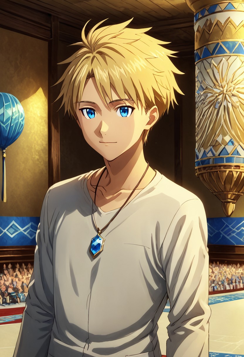high resolution, solo, best quality, 1Boy, Yamato Ishida, Blonde Hair, Blue Eyes, Necklace, Attending a wedding, ceremony, love, joy,