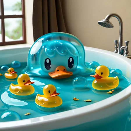 {1rubber duck, 1 rubber duck made out of slime, (slime duck:1.5), yellow slime body, orange slime beak, glossy black eyes, translucent slime rubber duck, transparent slime rubber duck}
hud_sp_bth, flower, petals, water, bath, in an elegant bath tub, bubbles made out of slime, slimes hiding in the bath bubbles, bubble bath, perspective from inside tub, prespective from inside bath, lots of frothy bubbles, 
everything made of slime, No simple background,
((translucent slime)), ((transparent slime)), (bioluminescent slime), sl1m3d, slime, slime-morph, saturated colors, no humans, no people, no man, no woman,