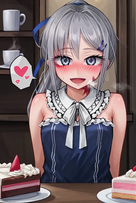 score 9,score 8 up,score 7 up,rating questionable,detailed background,aroused,cinematic lighting,dynamic lighting,uncensored,
,sylvie <lora:sylvie.pony:1>
steaming body,sensual,alluring,sweatdrop,heavy breathing,(spoken heart),silver hair, ponytail,blue ribbon,
restaurant,table,tablecloth,many dishes,cake,coffee,cup,eating,fork,half-eaten cake,
blue-dress,sleeveless,
smile,open mouth,blush,(upper body, pov,front view)