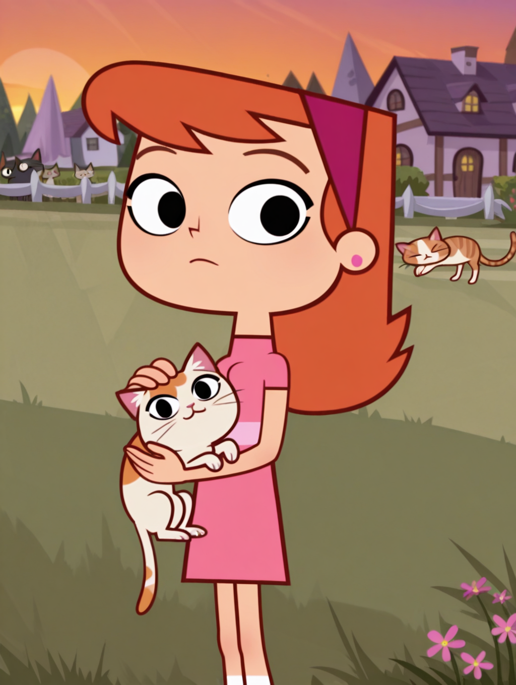 VanaGlamaZYN, 1girl, solo, hairband, dress, black eyes, jewelry, earrings, pink dress, orange hair, standing, long hair, breasts, cowboy shot, looking at viewer, beautiful, ((beautiful face, beautiful eyes)), outdoors,town,house,sunset,petting,garden,grass,flowers,(((3 cats))),kitten,orange_cat,black_cat,white_cat,dutch angle, beautiful, ((beautiful face, beautiful eyes)), (smile, dutch angle,naughty pose, cute, heart, petite, solo, dynamic pose, full_body, head tilt,),((white outline)), from above,(((from side:1.5))),