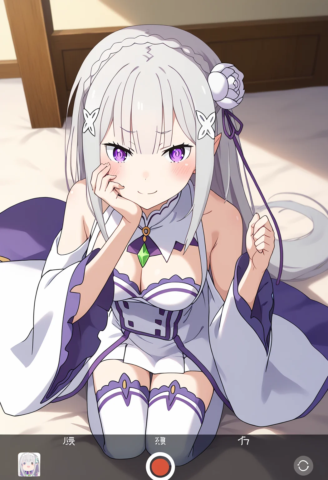score_9, score_8_up, score_7_up, source_anime,
BREAK
<lora:shiCamViewPortV3:1>, shiiphoneview, fake phone screenshot,
1girl, solo,
<lora:shiEmiliaV2:1> shimilia, long hair, grey hair, purple eyes, pointy ears, crown braid, hair flower, hair ribbon, purple ribbon, x hair ornament, white dress, cleavage, bare shoulders, wide sleeves, white thighhighs, thigh boots,
looking at viewer, smug, hand on own face, blush,