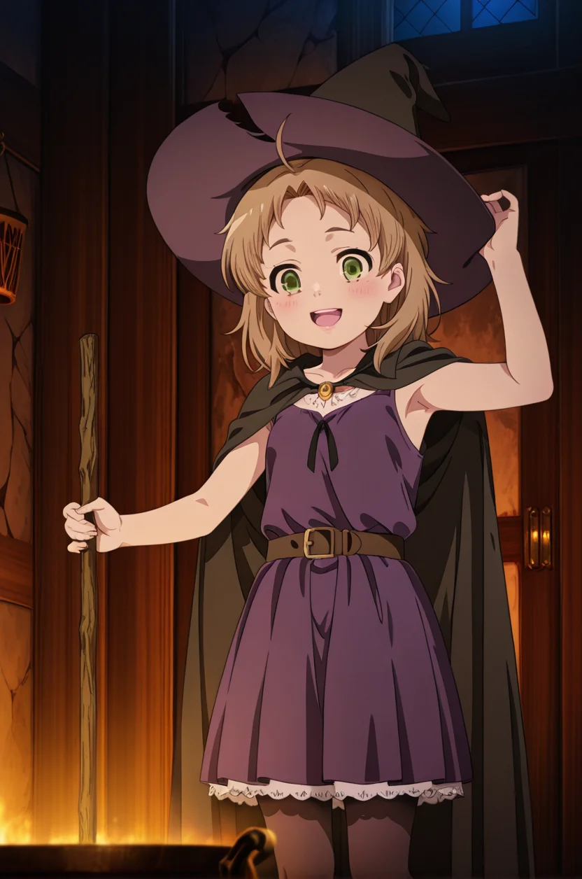 , source_anime, intricate details, masterpiece, high quality, prefect hands, best quality,, 1girl, detailed eyes , solo, anime coloring,
, blush , ,looking at viewer,
cinematic lighting,
<lora:rudy_yyy_illustrious:1> rudy, ahoge ,medium hair , brown hair, green eyes , 1girl , gender bender , small breast , lips , eyelashes ,
<lora:stirring_XL_v1:0.8> stirring , witch girl, Halloween, horror, cauldron, holding staff, looking down, :d, witch's room, night, dim lighting , pot, dress, witch hat
<lora:witch_illustrious_V1.0:1> jyojifuku, witch, witch hat, dress, pantyhose, halloween, skirt , black cloak, armpit ,