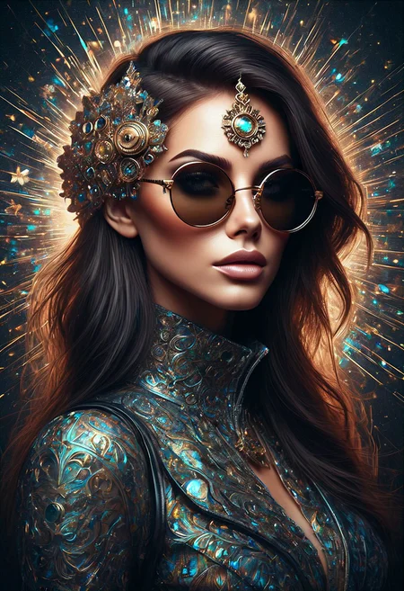 double exposure, enys guerrero art style portrait of a Fantasy hyper detailed steampunkschloss beautiful ultra Realistic, gorgeous boujie female, skull, colorful bismuth sparkles, hyper detailed Kaleidoscope sunglasses , in the style of tom wood, charlie bowater, Bing AI , Dall-e3 , Chat GPT 4, centered composition, super sharp focus, rule of thirds,, (gothic style:1.2) . mysterious, haunting, dramatic, (minimal, ornate), aesthetic, eerily beautiful, dark surrealism, best quality, hyperrealistic art, cinematic film grain, high angle shot, natural texture.