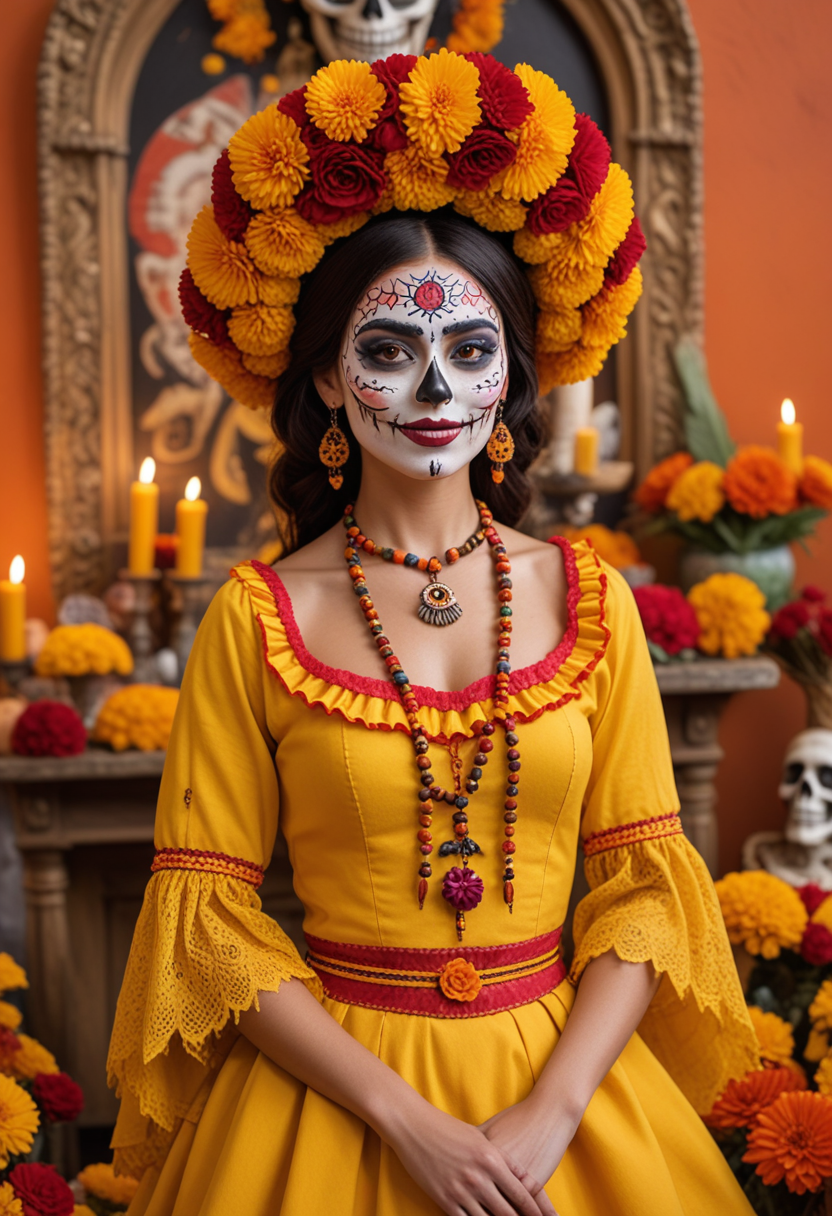 (medium full shot) of (iconic Catrina) young woman, wearing a marigold yellow traditional Mexican outfit, vibrant eye makeup, feathered headpiece, set at Dia de Muertos, in  a festive altar, with bright decorations, lively music, celebratory foods, joyful atmosphere, and vibrant marigold arrangements, woman smiling, Masterpiece,best quality, photo, realistic, very aesthetic, detailed face,
