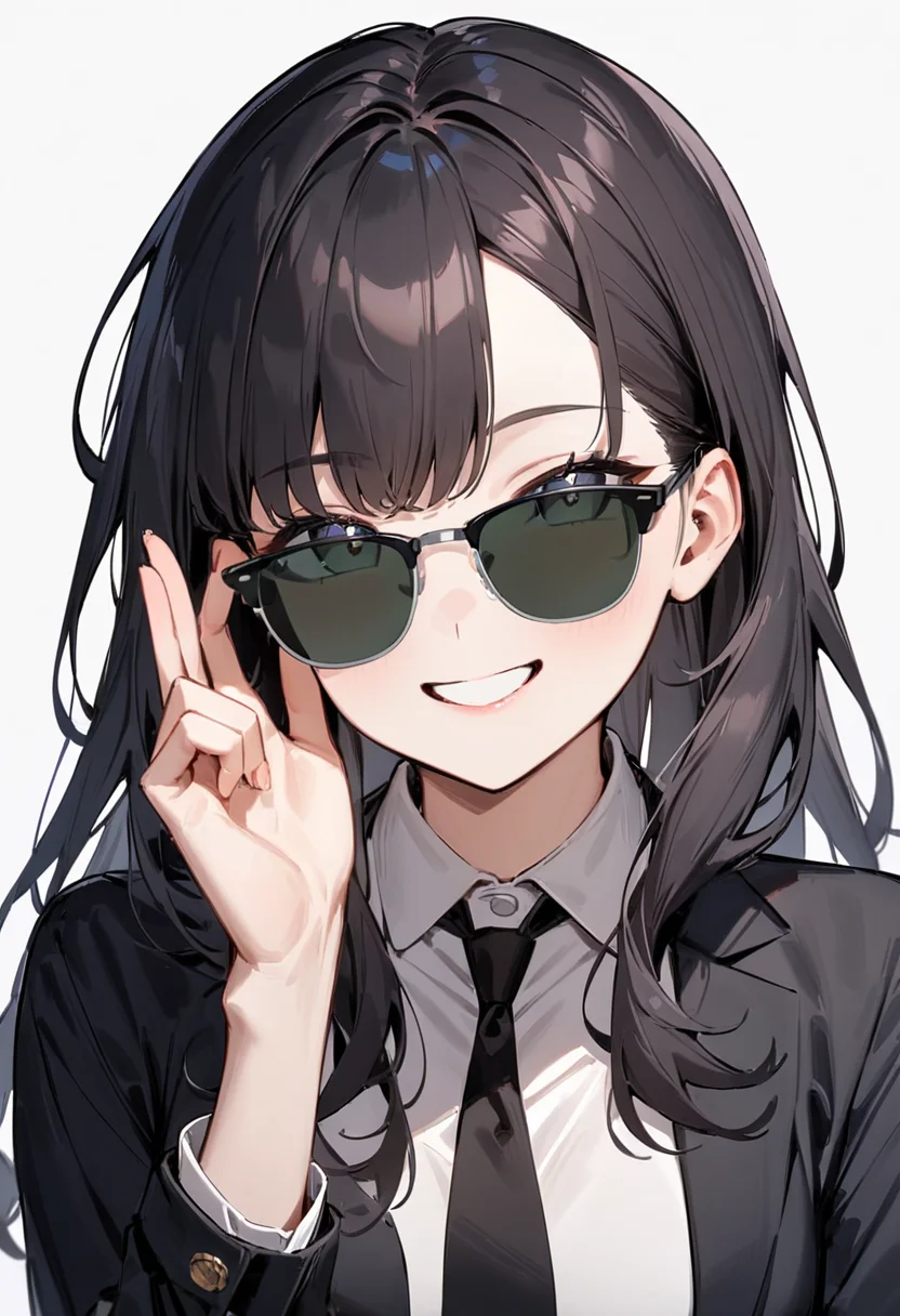 masterpiece, best quality, very aesthetic, absurdres,
1girl, solo, black hair, long hair,
sirmont, sunglasses, darkgreen-tinted eyewear, black-framed eyewear, grey-framed eyewear, two-tone eyewear,
collared shirt, happy, smile, looking at viewer, adjusting eyewear, white background, simple background,
<lora:sunglasses_CLUBMASTER_SDXL_V1:1>