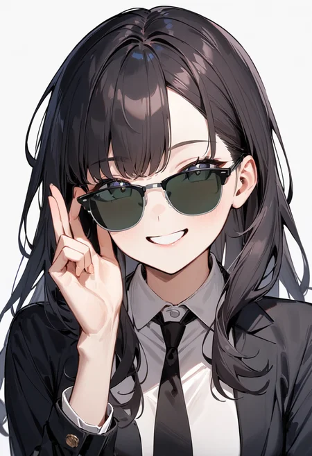 masterpiece, best quality, very aesthetic, absurdres,
1girl, solo, black hair, long hair,
sirmont, sunglasses, darkgreen-tinted eyewear, black-framed eyewear, grey-framed eyewear, two-tone eyewear,
collared shirt, happy, smile, looking at viewer, adjusting eyewear, white background, simple background,
<lora:sunglasses_CLUBMASTER_SDXL_V1:1>