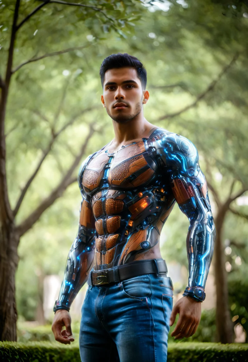 (masterpiece), (best quality), handsome young muscular man with perfect face and perfectly chiseled body sexy, huge muscles, tattoo on shoulder, perfect anatomy <lora:zavy-rmlght-sdxl:0.55> zavy-rmlght <lora:JJsJapaneseGarden_XL:0.85> Japanese Garden <lora:Low Angle style:0.55> Low Angle style, from below <lora:Essenz - Better Photography:0.55> photo in phst artstyle <lora:anamorphic bokeh style:0.75> anamorphic bokeh style, oval bokeh style, anamorphic blur background style, special effect bokeh style, anamorphic lens distortion style, anamorphic film style zavy-cbrpnk <lora:Neon_Cyberpunk_Neon_Body:0.75> mad-neonbody <lora:mlmdls_indianXL:0.55> indian male model <lora:Mech Robots XL:0.55> mechcd_xl, masterful composition, dynamic volumetric lighting, realistic ray_tracing, reflection, hyperrealistic, shallow depth of field, f/2.4, bokeh,