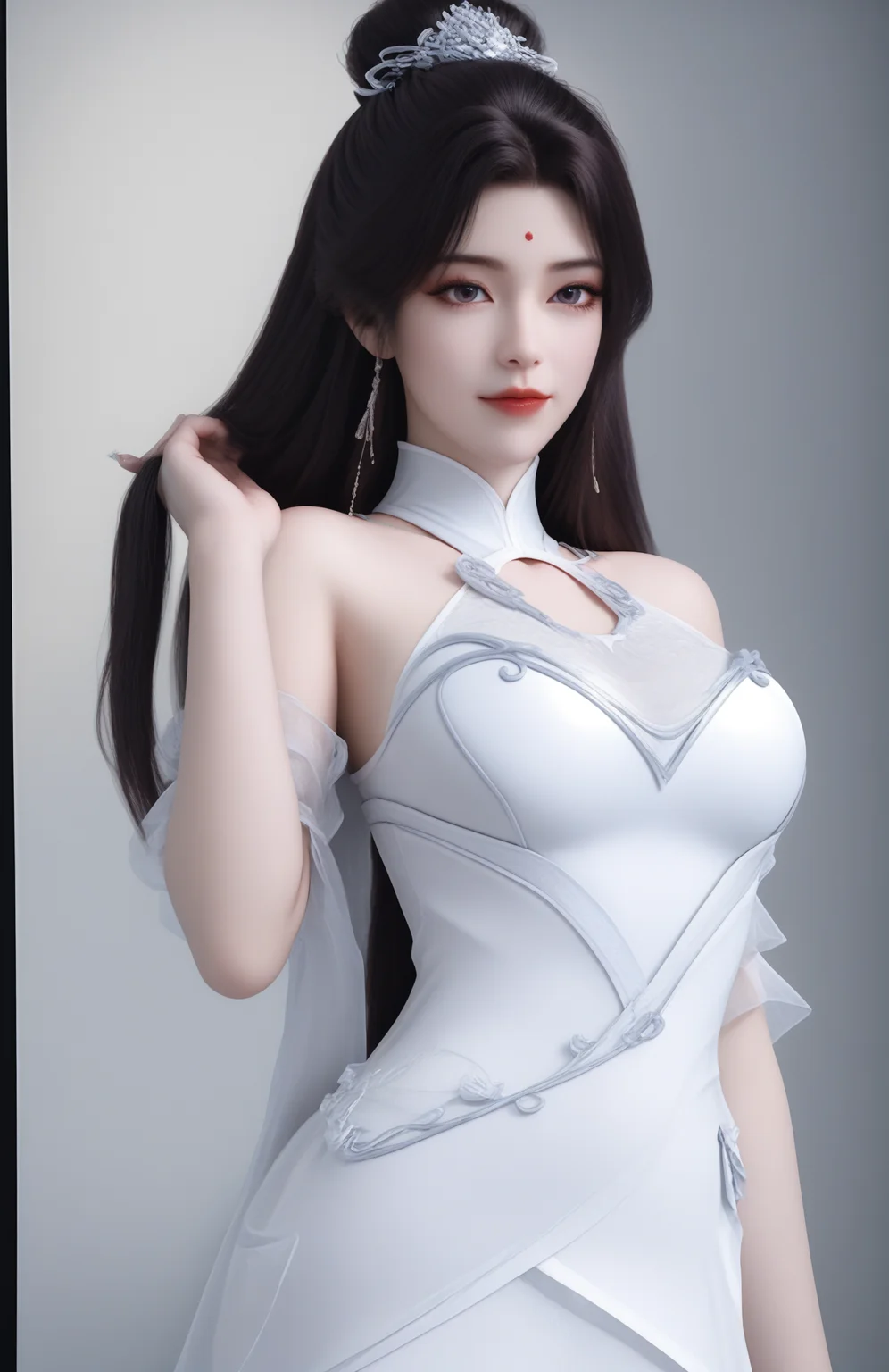 (looking_at_viewer:1.4),full_shot,holding_hair,1girl,solo,dress,hair ornament,portiart,from front,masterpiece,(best quality),official art,extremely detailed cg 8k wallpaper,crystalstexture skin,(extremely delicate and beautiful),solo,realistic,photo_\(medium\),hiqcgbody,chinese background,eye-contact,(smile:0.7),jewelry,absurdres,incredibly absurdres,huge filesize,<lora:æå©µ_V1-000001:1>,