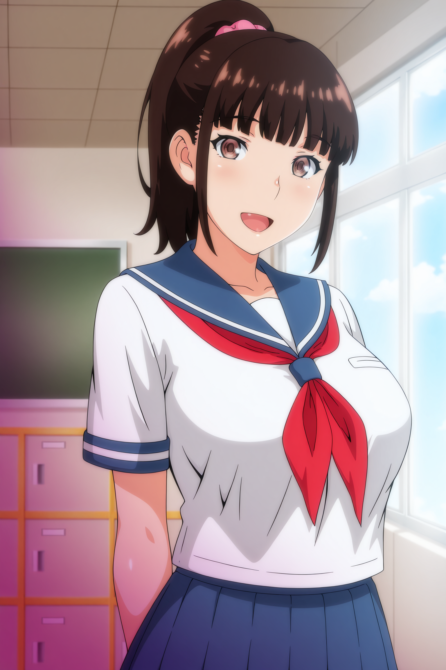 anime screencap, anime coloring, detailed face, masterpiece, best quality, very aesthetic, absurdres, volumetric lighting, official style, amazing quality, ultra detailed, highres, amazing quality, scenery, beautiful detailed hair, beautiful detailed eyes,
<lora:StS-Illustrious-Detail-Slider-v1.0:4>
 <lora:Satsuki_Kuroda_Iinchou_wa_Saimin_Appli_wo_Shinjiteru.:1>
1girl, solo,brown hair, ponytail, brown eyes, large breasts, 
looking at the viewer, smile, :D
classroom, school, locker, indoors, window, chalkboard, 
school uniform,  serafuku, red neckerchief, blue pleated skirt