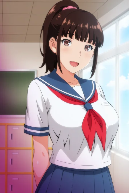 anime screencap, anime coloring, detailed face, masterpiece, best quality, very aesthetic, absurdres, volumetric lighting, official style, amazing quality, ultra detailed, highres, amazing quality, scenery, beautiful detailed hair, beautiful detailed eyes,
<lora:StS-Illustrious-Detail-Slider-v1.0:4>
 <lora:Satsuki_Kuroda_Iinchou_wa_Saimin_Appli_wo_Shinjiteru.:1>
1girl, solo,brown hair, ponytail, brown eyes, large breasts, 
looking at the viewer, smile, :D
classroom, school, locker, indoors, window, chalkboard, 
school uniform,  serafuku, red neckerchief, blue pleated skirt
