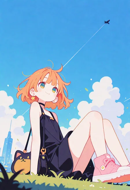 masterpiece, best quality, newest, Smooth, very awa, very aesthetic, Colorful themes, High Saturation, haiz_ai
1girl, solo, cute, kawaii, petite,  orange hair, bob cut, green eyes, fair skin, short hair, messy hair, floating hair, smiling, looking at sky, looking up, head tilt, knees up, big cat, dress, pink sneakers, cute bag, black choker, jewelry, bare arms, sleeveless, blue sky, day, white and gray flat clouds, windy, fantasy, open spaces, grass, city scape, airplane trail, dutch angle, cowboy shot, from below, dynamic pose, dynamic angle, from side, close-up, blurry, chromatic aberration,