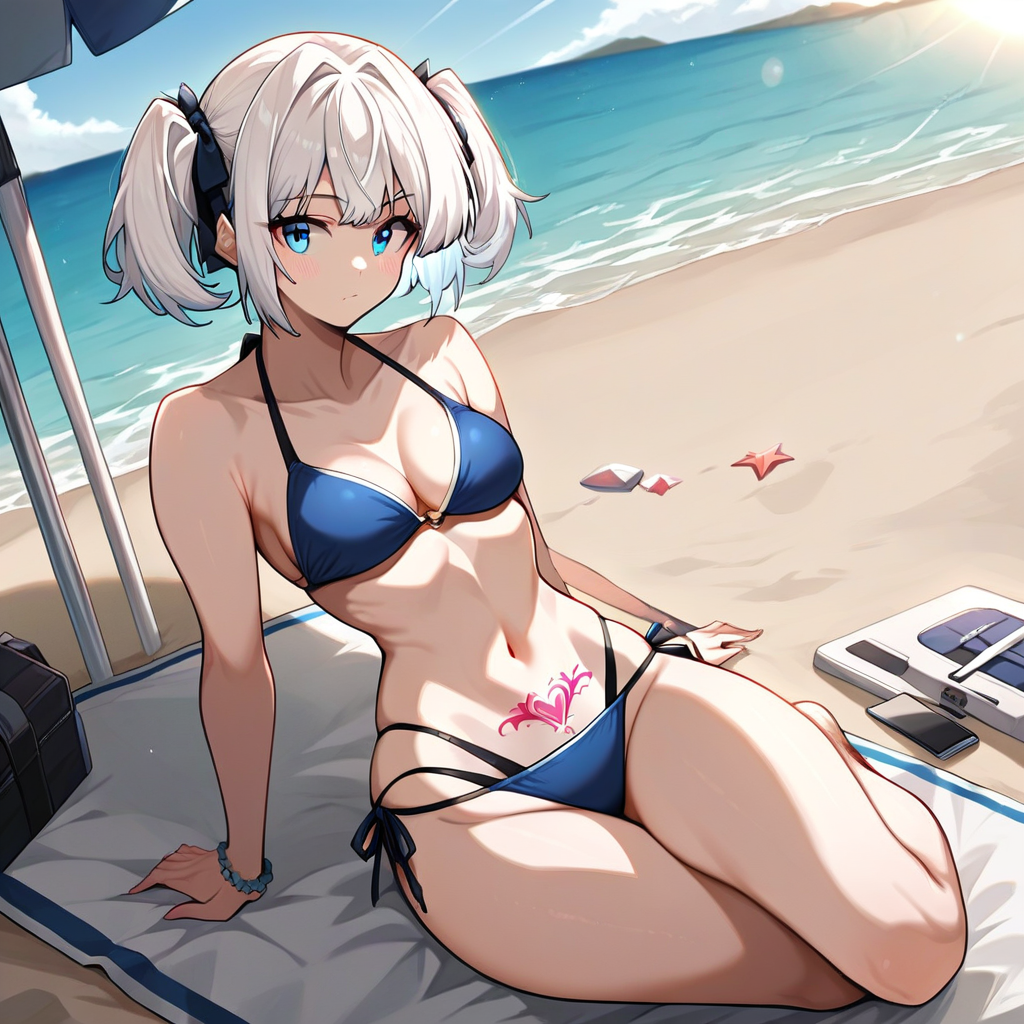 masterpiece, best_quality, <lora:1la:0.8> 1la, white hair, blue eyes, bikini, on beach, score_9, score_7_up, source_anime, ntm,