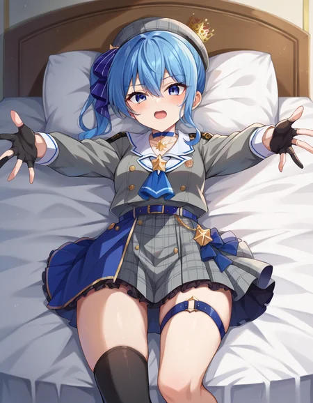 score_9, score_8_up, score_7_up, source_anime,
suiseihoshimachi, <lora:suisei-hoshimachi-ponyxl-lora-nochekaiser:1>
suisei hoshimachi, blue eyes, blue hair, choker, hair between eyes, medium hair, side ponytail, star choker,
ascot, asymmetrical legwear, belt, beret, black gloves, blue ascot, blue belt, blue bow, blue choker, bow, buttons, choker, collared shirt, crown, gloves, grey headwear, grey jacket, grey skirt, hat, jacket, jewelry, kneehighs, long sleeves, miniskirt, mismatched legwear, partially fingerless gloves, pendant, plaid, plaid jacket, plaid skirt, shirt, single kneehigh, single sock, skirt, skirt set, socks, star choker, star print, thigh strap, uneven legwear, white shirt,
indoors, bed, bed room, on back, arm support, arms up, incoming hug, pov, reaching, reaching towards viewer,
looking at viewer, dutch angle, cowboy shot,