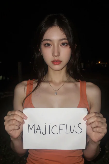 a girl with dark long  hair,she is wearing a orange tank top and a necklace. she is holding a white paper with the word "MAJICFLUS" written on it in black letters. in the dark with dim light,