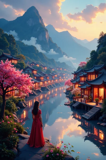 chinese town beautiful  landscape, evening, woman, very intricate, very detailed, sharp, bright, colorful, <lora:Hand v2:0.5> <lora:Anti-Blur:1><lora:Insane Detail Slider:0.25>  <lora:flux.1_lora_flyway_Epic-detail_v2:0.3> <lora:fluxenhancer:0.25> <lora:ROWER:0.6> <lora:flux-charmer-v1-1:0.4>  <lora:Anime art - Variant 2:0.6>