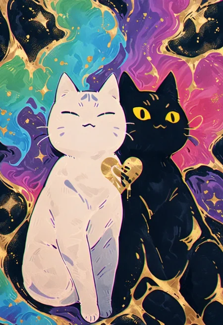 masterpiece, best quality, very aesthetic, absurdres, no human, retro color, analog noise, gold foil nebula, shaped like realistic cats, 2 cats, making a nebula heart, mix of colors psychedelic art background, Complicated, fluid abstract art background,