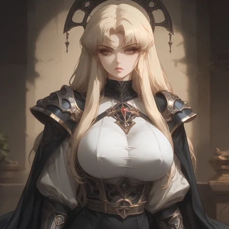 realcumAI,lausum,fcNeg-neg,1vyv4l3nt1n3,bhands-neg,NSFW,score_9,wodeipoi,<lora:Artgerm_XL_PONY:0.8>,
(best quality),highly detailed,ultra-detailed,(90s Japanese anime style:1.2),(Yoshiaki Kawajiri direction),(Vampire Hunter D),(finely sculpted features),(high cheekbones),(sharp jawline),(piercing almond-shaped eyes),(mysterious intensity),(cold enigmatic expression),(hint of melancholy),(mysterious and regal demeanor),(long flowing jet black hair),(pale flawless complexion),(gothic-inspired outfit),(intricate patterns),(long flowing black cape),(sleek metal and ornate leather armor),(detailed engravings and metallic accents),(deep blacks, rich grays, subtle metallic hues),(matte fabrics, glossy polished armor),(dark and brooding aesthetic),(female characters),(delicate facial features),(expressive almond-shaped eyes),(elegantly styled hair),(long flowing locks, intricate updos),(jeweled pins, delicate headpieces),(gothic and futuristic elements),(tight-fitting bodysuits),(flowing dresses with high collars),(corseted waists),(lace gloves, ornate jewelry, flowing capes),(deep reds, rich purples, dark blues),(silver and gold accents),(intricate lace patterns, embroidery, metallic details),(soft dramatic lighting),(deep shadows),(sense of mystery and tension),(highlights and reflections on armor and accessories),(gothic and dystopian themes),(dark atmospheric visual style),(intricate costume design),(sophisticated and haunting beauty),(immersive anime world),
navel,absolute_territory,groin,slender_waist,unbuttoned clothes,collarbonea,bare shoulders,curvy,plump,glamor,tall,muscular,1girl,girl,female,mature_female,adult,
arms_behind_back,<lora:Expressive_H:1.2>,
breasts apart,gigantic breasts,
tight,see-through,spandex,<lora:cutesexyronutts_style_xl:0.8>,<lora:OldAnimeStyle_XL_v3:0.8>,Vintage,1990s \(style\),straight_hair,blonde hair,air bangs,long bangs,asymmetric bangs,hair between eyes,