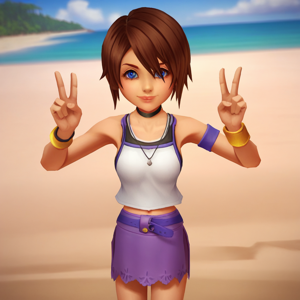 score_9_up, score_8_up, BREAK, kairi, 1girl, solo, brown hair, short hair, blue eyes, black choker, white tank top, purple skirt, bracelets, cowboy shot, double v, <lora:Kairi_KingdomHearts1_Leaf1-000015:1>, looking at viewer, depth of field, beach,