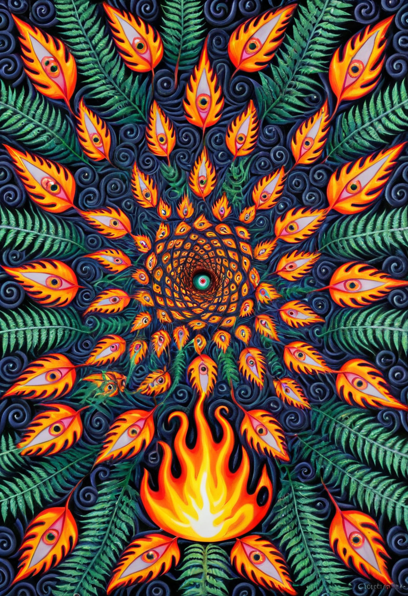 alexgrey, ferns, fire, multicolored eyes, traditional media, 3d maze pattern, symmetry, high contrast, <lora:Alex_Grey_XL_Base:0.6>