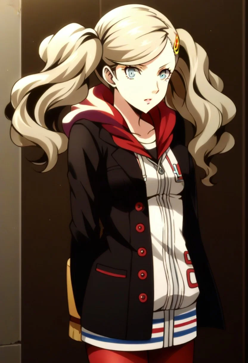 (source_anime), 1 girl, solo, nsfw, cute face, p5ann, twintails, long hair, takamaki anne, blonde hair, hairclip, skirt, uniform, jacket, open clothes, hairclip, hood, miniskirt, sweater, open jacket, black jacket, hoodie,hood down, white sweater, red pantyhose, hooded cardigan, uniform,