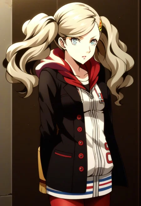 (source_anime), 1 girl, solo, nsfw, cute face, p5ann, twintails, long hair, takamaki anne, blonde hair, hairclip, skirt, uniform, jacket, open clothes, hairclip, hood, miniskirt, sweater, open jacket, black jacket, hoodie,hood down, white sweater, red pantyhose, hooded cardigan, uniform,