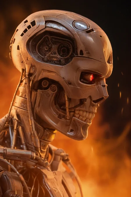 T800_Endo, Terminator robot, score_9, score_8_up, score_7_up, (source_IRL, source_movie), cinematic, realistic, masterpiece, high quality, highres RAW photo, ((close-up shot, close-up head shot, side profile view, from the side))
a T800_Endo Terminator Robot with red eyes, he is made of metal, he is made of shiny chrome metal, new, clean, <lora:T800_Endo_Terminator_Pony_v1-000013:1>
(standing in flames)
black background, in flames, fire, flames and fire everywhere, there is so much fire
dynamic lighting, highly detailed, intricate details