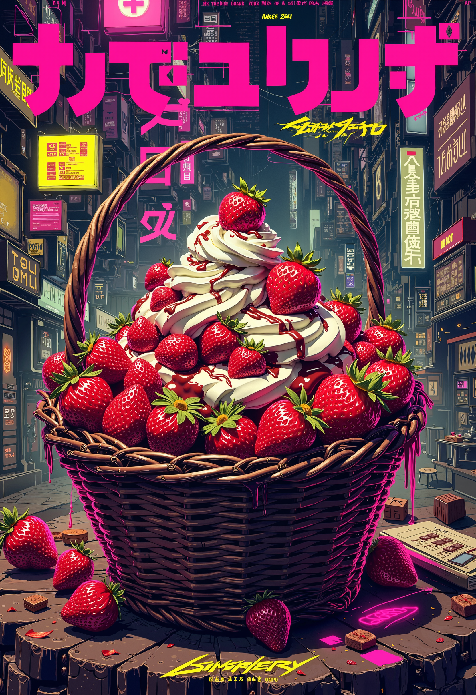bo-cpposter, a cyberpunk poster of, a beautifully decorated basket filled with strawberries, whipped cream, and chocolate<lora:boFLUX Cyberpunk Poster v2.safetensors:1.0:1.0>