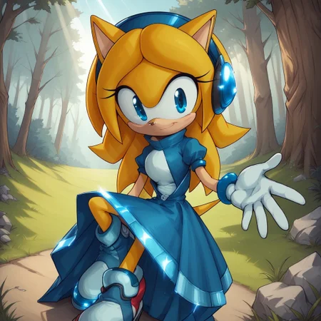 score_9, score_8, BREAK, solo, Maria_Robotnik_The_Hedgehog, hedgehog_girl, blonde_hair, blue_hairband, blue_eyes, blue_dress, white_gloves, blue_footwear, self portrait, smile, looking at viewer, outdoors, sunlight, shadows, evening lighting, natural lighting, forest, trees, grass, orange sky, sunset