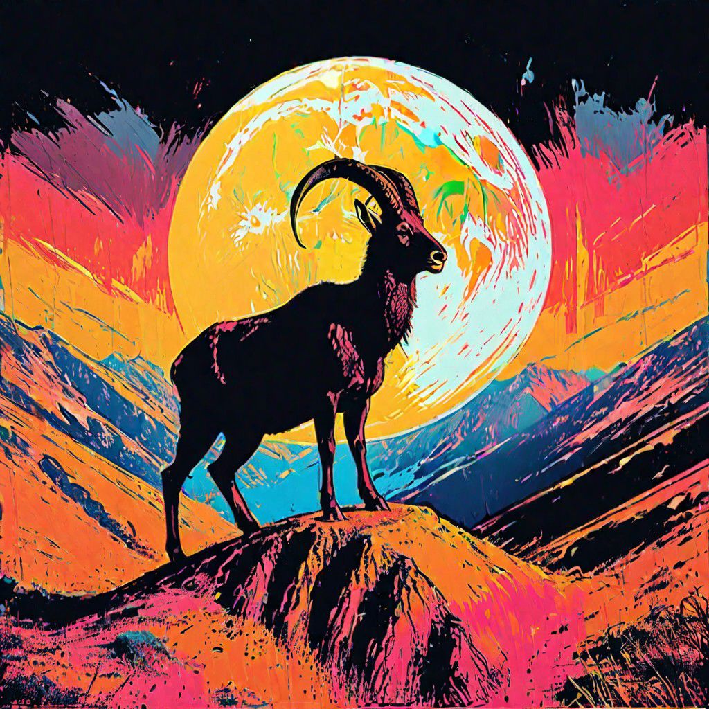 impactful color paint of, 1 walia ibex standing on top of a cliff under 1 white moon, black silhouette against white moon, black cliff, black  sky, highly detailed, vibrant colors, 8k, sharp, professional, clear, high contrast, high saturated, vivid deep blacks, crystal clear