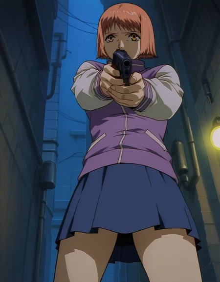 <lora:mikura-noupscale-illustrious-000020:1> mikuraova
letterman jacket, skirt,
1girl, solo, aiming, handgun, from below, dim lighting, night, alley, masterpiece, best quality