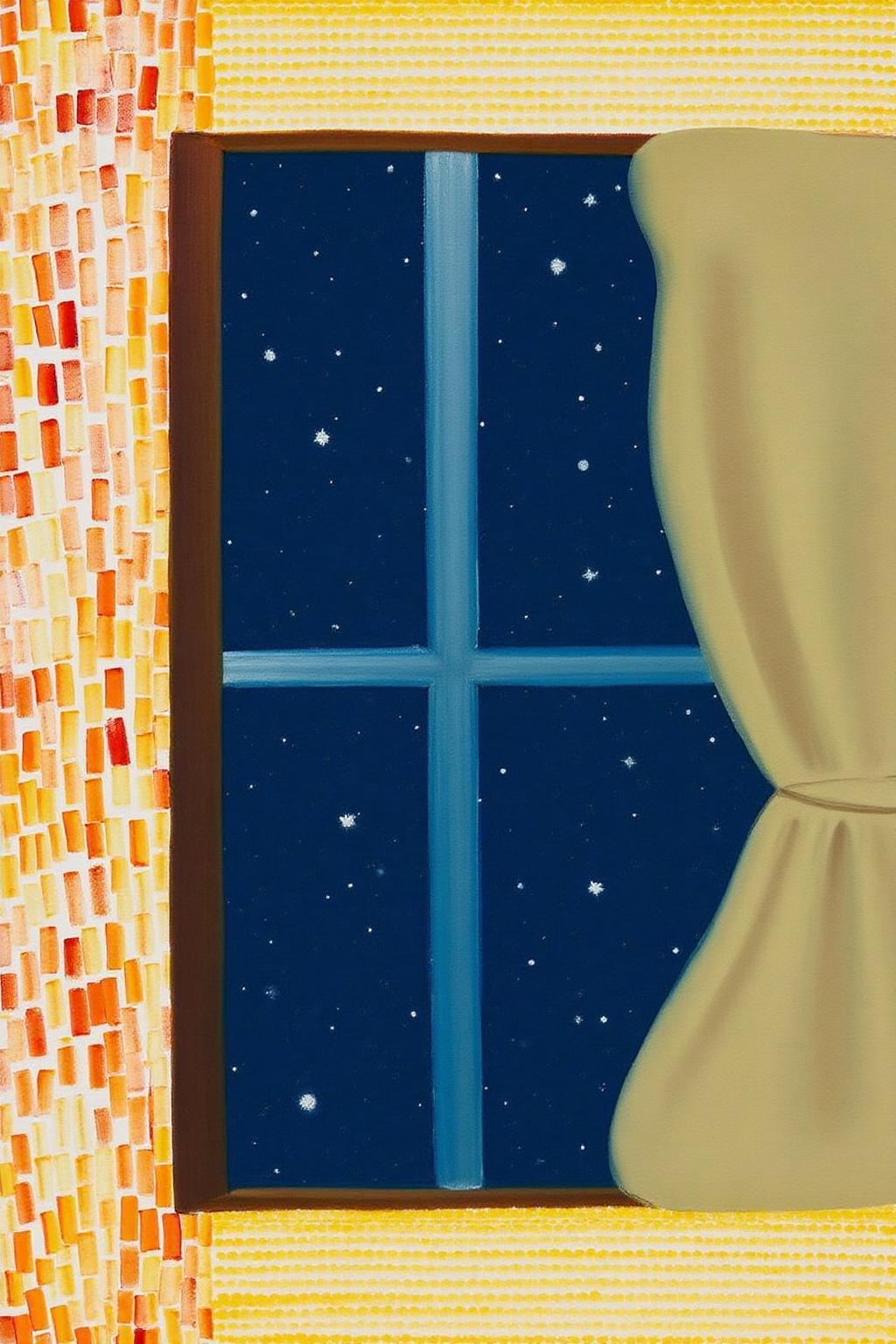 mawo1 painting
a night scene viewed through a window, with a focus on a simple, stylized representation of a window and its surroundings. The window is situated in the center-right of the image, framed by a beige curtain that appears to be slightly open, revealing a dark blue night sky filled with tiny white stars. The window is divided into four panes, with a cross shape visible due to the light from the interior room. <lora:mawo1_cap_d6a3e12:1.0><lora:821396449645422505:0>