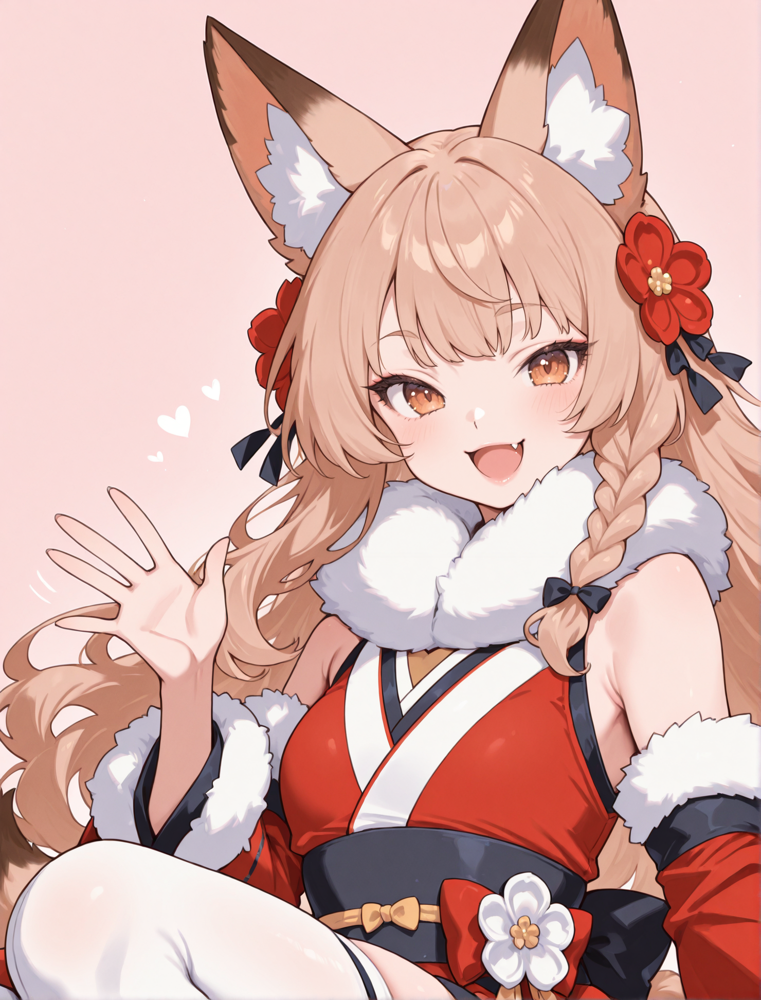 perfect quality, best quality, masterpiece, 1girl, solo, (mature female:0.6), pink background, 
michihisa, smile, fox tail, side braid,
close-up, happy, fang, portrait, waving, 
red kimono, red sleeves. white thighhighs, hair flower, detached sleeves, obi, fur collar, fur trim,
 <lora:michihisa:1>