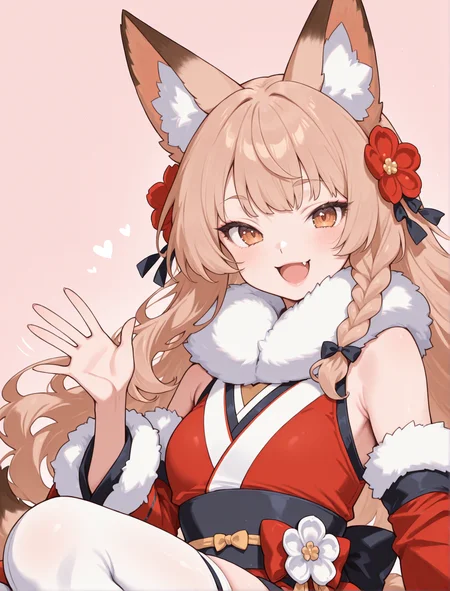 perfect quality, best quality, masterpiece, 1girl, solo, (mature female:0.6), pink background,
michihisa, smile, fox tail, side braid,
close-up, happy, fang, portrait, waving,
red kimono, red sleeves. white thighhighs, hair flower, detached sleeves, obi, fur collar, fur trim,
<lora:michihisa:1>