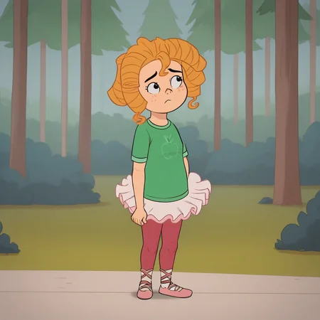 score_9_up, score_8_up, BREAK, AppleWilson, 1girl, solo, blonde hair, black eyes, green shirt, short sleeves, tutu, pink ballet shoes, <lora:AppleWilson_MotherUp_PXL_Leaf2:1>, outdoors, forest, arms at sides,