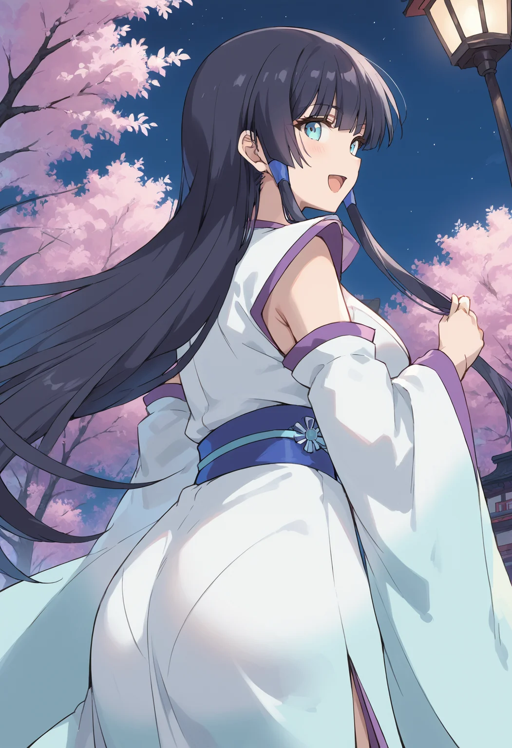 score_9, score_8_up, score_7_up, , source_anime, freezingastaroth,, 1girl, solo,, black hair, huge breasts, , wide sleeves, detached sleeves, sleeveless kimono, hair tubes, very long hair, blunt bangs,, sidelocks, , cowboy shot, hime cut, smile, from behind, looking back, night, open mouth, <lora:freezingastaroth_pony-000011:1>