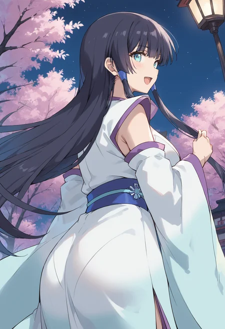 score_9, score_8_up, score_7_up, , source_anime, freezingastaroth,, 1girl, solo,, black hair, huge breasts, , wide sleeves, detached sleeves, sleeveless kimono, hair tubes, very long hair, blunt bangs,, sidelocks, , cowboy shot, hime cut, smile, from behind, looking back, night, open mouth, <lora:freezingastaroth_pony-000011:1>