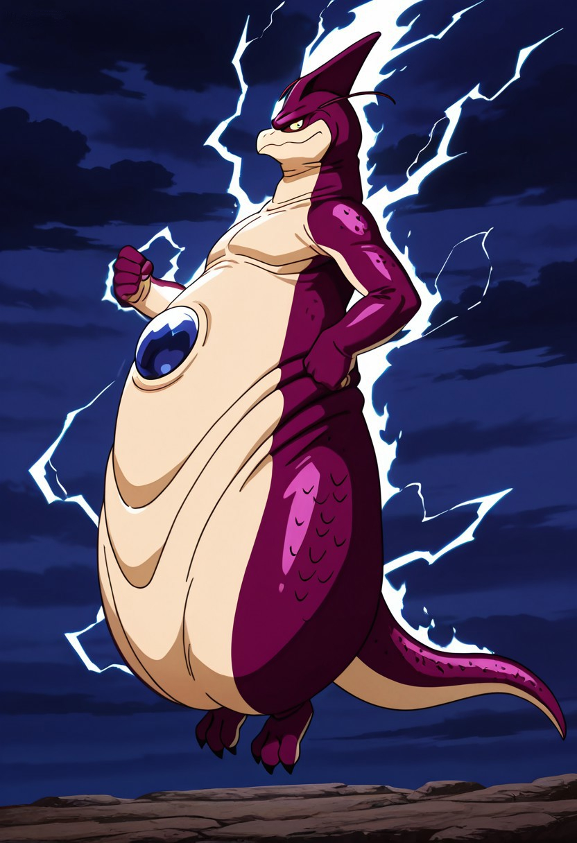 masterpiece, ultra-detailed, best quality, newest, absurdres, anime screenshot, shaded, fully rendered BREAK, rageshenron, small, male, belly fold, skin folds, leg raised, tail, smug, snob, looking at viewer, thick thighs, 3 toes, 3 digits, akimbo arms, levitating subject, BREAK, wide white lightning aura, white lightning, close view, side view, full body, dark blue clouds background, solo,<lora:Rage_Shenron_Illustrious:1>