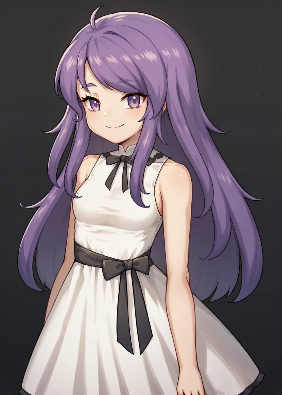 score_9, score_8_up, score_7_up, violet_sol, purple hair, purple eyes, small breasts, long hair, smile, white dress, black ribbon, <lora:Violet:0.8>