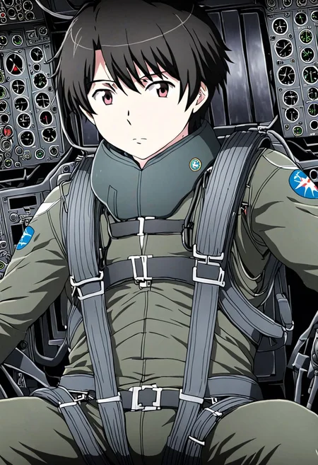 high resolution, solo, best quality, 1Boy, Inaho Kaizuka, Black Hair, Pilot, Cockpit, Jet Fighter, OverallDetail