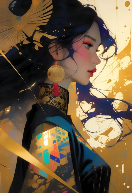 score_9, score_8_up, score_8_up, ((Cinematic composition)),((masterpiece)), (resplendent highlighting), 8k.
1girl, (full body, facing camera, from low to the ground). beautiful Lebanese Chinese princess swinging a battle axe, a modern Chinese qipao of deep purple and black and gold, ((full body)) long naturally wavy black hair caught up by the wind. (resplendent highlighting of her face). Charcoal and colourful oil pastels. impressionistic bidimensional.
faded watercolours (Klimt :1.2) dadaistic collage (by Bill Sienkiewicz:1.5), strikingly alluring face. brilliant spotlight effect. A splash of paint explodes out of her chest. Vibrant thick dripping paint. Intense detail, realistic, dynamic shadows and contrasts.
surreal, intense colors, liquid, unreal parts, alluring, fluid, perfection, gothic. (Luminous skin dynamically highlighted), Illustration, (klimt:0.8) (Bill Sienkiewicz:1.5). maximum detail, Chinese watercolor and ink technique. Gold leaf highlights.
<lora:xl_more_art-full_v1:0.4> <lora:epi_noiseoffset2:1>3