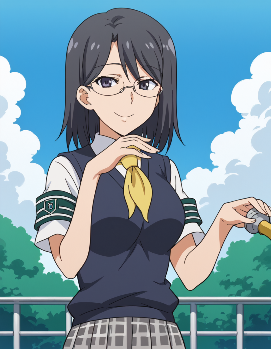 score_9, score_8_up, score_7_up, source_anime, <lora:mii-konori-s1-ponyxl-lora-nochekaiser:1>, mii konori, short hair, black hair, black eyes, glasses, hair between eyes, mature female, anime screencap,, skirt, school uniform, plaid skirt, armband, sweater vest, neckerchief, yellow neckerchief, green armband, pleated skirt,, refinery, pipes, smoke, metal, oil, smile, <lora:gendou-pose-ponyxl-lora-nochekaiser:1>, gendou pose, own hands clasped, own hands together, parody,, looking at viewer, solo,, dutch angle, cowboy shot