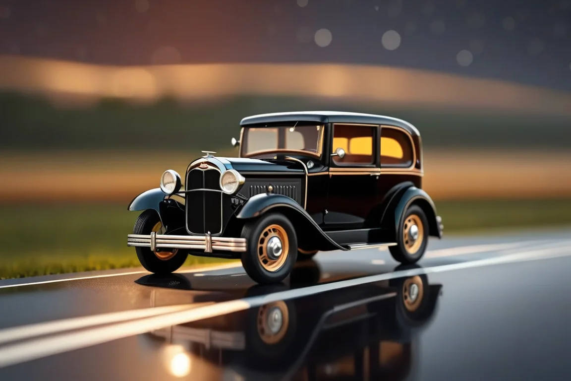 Billy's Vintage Car, Billy's Vintage Car, classy Ford Model A with wooden decoration, car body in jetblack. glassy reflective road, glassy clean landscape, best bright night, aurora, motion blur, raining warm weather, sleek driving, high-octane, high-definition