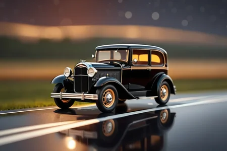 Billy's Vintage Car, Billy's Vintage Car, classy Ford Model A with wooden decoration, car body in jetblack. glassy reflective road, glassy clean landscape, best bright night, aurora, motion blur, raining warm weather, sleek driving, high-octane, high-definition