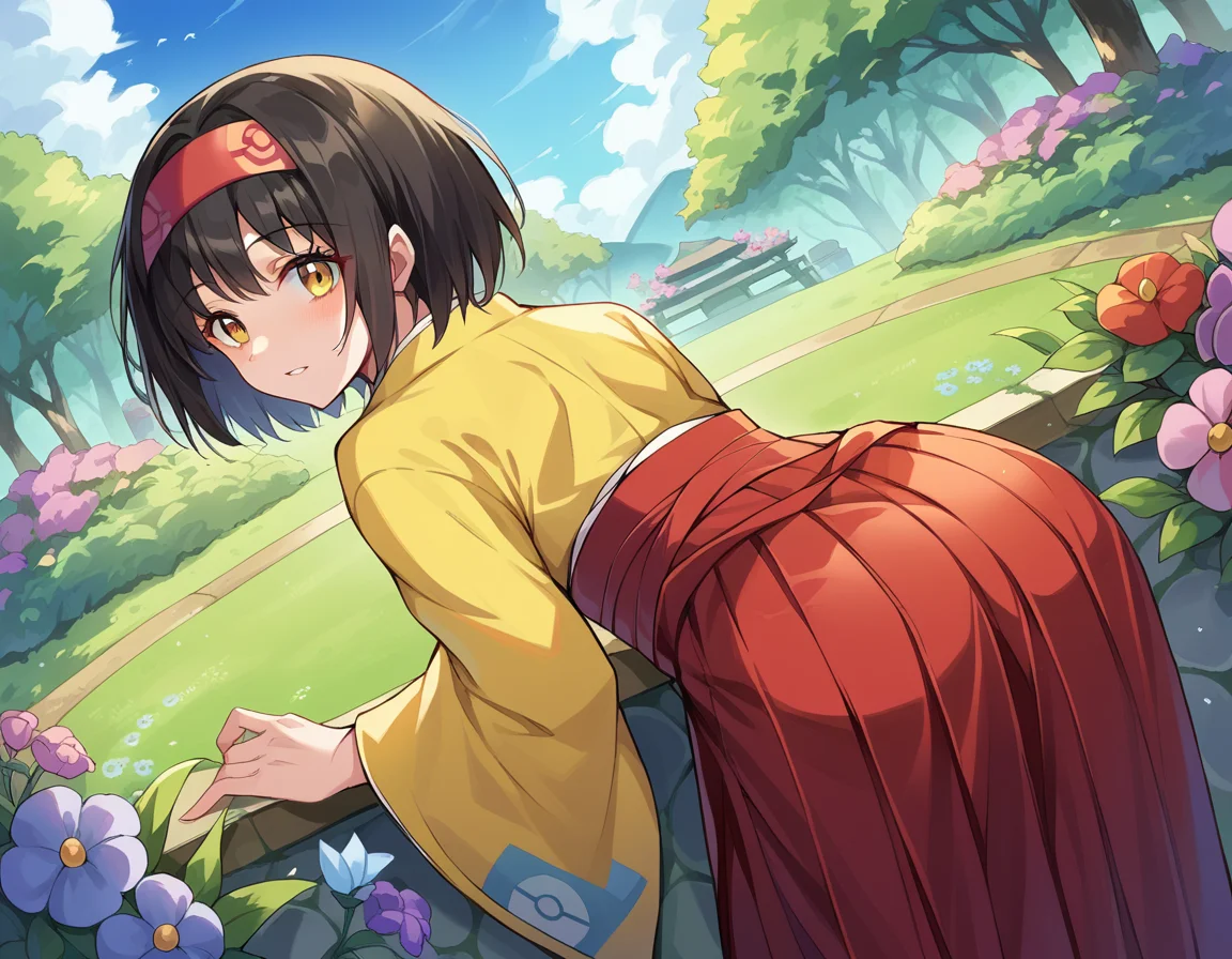 score_9, score_8_up, score_7_up, source_anime,
pokemonerika, <lora:pokemon-erika-ponyxl-lora-nochekaiser:1>
pokemonerika, yellow eyes, black hair, headband, short hair,
japanese clothes, kimono, hakama, red hakama, long sleeves, wide sleeves,
outdoors, garden, flowers, grass, bent over,
looking at viewer, cowboy shot, dutch angle,