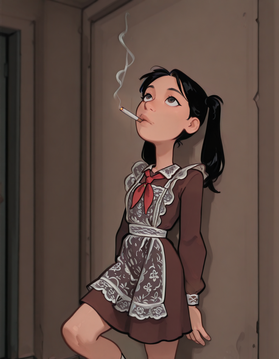 standing by the wall,smoking,looking up,leg on the wall,black hair,twintails,black hair,cowboy shot,<lora:Smoove_-_Bridgetoons_v2:1>,smoove,<lora:Soviet_schoolgirl_uniform:1>,sovsh_uniform,lace apron,red neckerchief,brown dress,long sleeves,