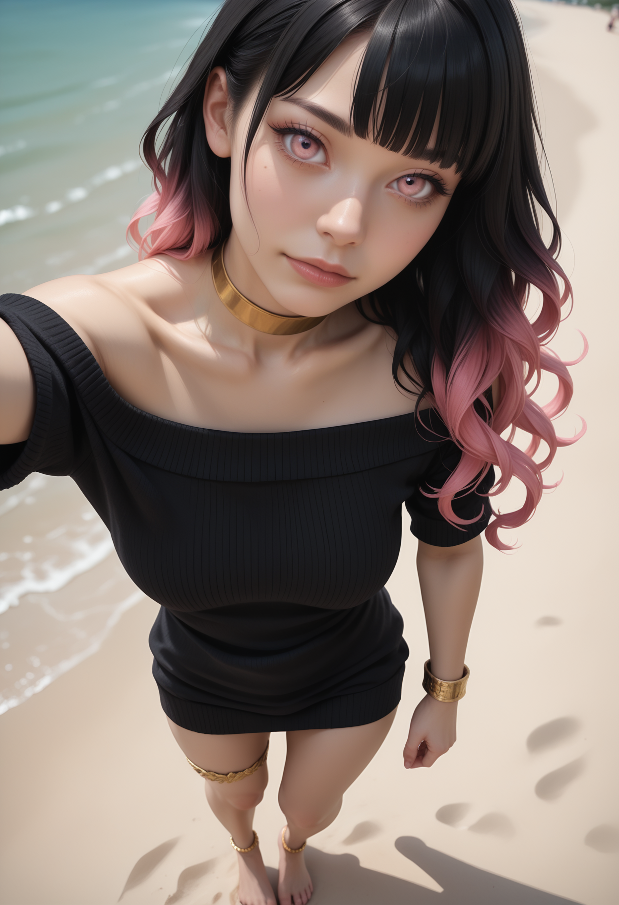 score_9, score_8_up, score_7_up,
1girl, solo,
sweater dress:(black sweater), short dress, strapless, scoop neck, short sleeves, bare shoulders, gold choker, gold bracelet, (gold thighlet), gold anklet, barefoot,
beach, day, blurry background,
walking, arm behind head,
aroused,
looking up, looking at viewer,
selfie, full body, from above, depth of field, realistic,
<lora:Dark_Kylie_Pony:0.5> d4rkkyl13, black hair:gradient hair:pink hair, pink eyes,